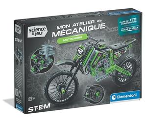 Clementoni - Motocross 8 Anni - Cofanetto meccanico per bambini con più di 180 componenti, sistema di sterzo funzionale e pistoni mobili, gioco scienziato STEM, giocattolo educativo, regalo