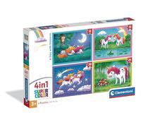 Clementoni - Puzzle 4 in 1 Supercolor, per Bambini 3+ Anni, Diverse Pezzature Illustrazioni Animali, A Day with Unicorns, Idea Regalo, Made in Italy, 21740