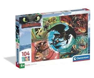 Clementoni - Puzzle per Bambini 104 Pezzi Supercolor, per Bambini 6+ Anni, Illustrazione con Personaggi dal Cartone Dragon Trainer, Idea Regalo, Made in Italy, 38x27 cm, 25035