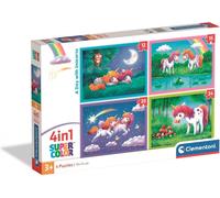 Clementoni - Puzzle 4 in 1 Supercolor, per Bambini 3+ Anni, Diverse Pezzature Illustrazioni Animali, A Day with Unicorns, Idea Regalo, Made in Italy, 21740