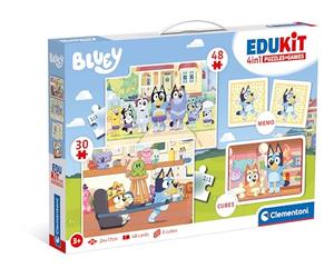 Clementoni - Set Giochi da Tavolo, Edukit 4 in 1 Bluey (Memo, Puzzle 30 e 48 Pezzi, 6 Cubi), Gioco di Memoria e Logica con Carte da Accoppiare, Puzzle Bambini 3 Anni, Made In Italy, 18320