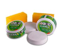 CLEREX® DETERGENTE BRILLA ACCIAIO, pulisce e lucida tutti i metalli. Anticalcare con effetto anti-goccia. 2 barattoli da 180gr (con spugne)