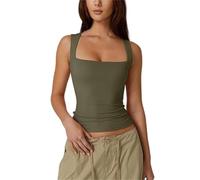 Clergment/Cleargget Canottiera da donna imbottita collo quadrato a doppio strato canotta corta estiva basic slim fit aderente t-shirt, verde militare, S