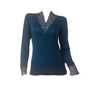Clessidra Sottogiacca a Manica Lunga con Scollo V di Pizzo in Lana Merino Seta Made in Italy, Sottogiacca Donna, Scollo a V, Pizzo, Maglia, Lana Seta, Maglioncino Donna Lana E-6349 (S, Petrolio)