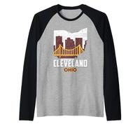 Cleveland, Orizzonte, Città, in, Ohio, Mappa, Stato, Silhouette, vendemm Maglia con Maniche Raglan