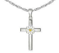 CLEVER SCHMUCK Collana a croce per bambini, con margherita, 18 mm, con fiore, giallo, bianco colorato, laccato, catena Singapore, 40 cm, in argento sterling 925 con custodia a croce