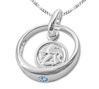 Clever Schmuck - Set battesimo: anello con angelo rotondo in argento con pietra azzurra e catenina da 36 cm, entrambi in argento Sterling 925 con custodia