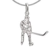 Clever Schmuck Set di ciondoli argentati per hockey su ghiaccio, 17 x 19 mm, in 3D e lucido, con catena, 45 cm, in argento Sterling 925, in custodia blu, Argento sterling