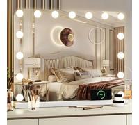 Clevich Hollywood Specchio da trucco a 15 LED, con illuminazione, 58 x 46 cm, 3 colori luminosi, luminosità regolabile, con USB e TypeC, lente di ingrandimento rimovibile, specchio cosmetico con luce