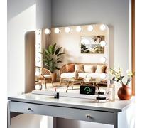 Clevich Hollywood Specchio Trucco con Luci,50 x 40 cm Specchio con 15 Luci LED, 3 modalità Luce e controllo touch, porta USB, Specchi da parete o da tavolo (bianco)