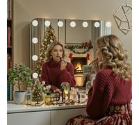 Clevich Hollywood Specchio Trucco con Luci,50 x 40 cm Specchio con 15 Luci LED, 3 modalità Luce e controllo touch, porta USB, Specchi da parete o da tavolo (Oro)