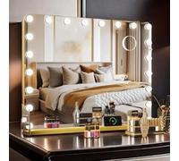 Clevich Hollywood Specchio Trucco con Luci, 80 x 60 cm Specchio con 20 Luci LED, 3 modalità Luce e controllo touch, porta USB, Specchi da parete o da tavolo (Oro)