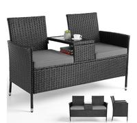 Clevich Panca da Giardino in Polyrattan con Tavolo, Set di Mobili per Balcone a 2 Posti con Cuscini Morbidi, Resistente alle Intemperie, UV-Resistant, per Balcone, Terrazza, Giardino (Nero)