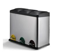 Clevich Pattumiera a 3 scomparti, 3 x 15 l, sistema di raccolta differenziata con coperchio, 45 litri, in acciaio inox, secchio interno rimovibile con maniglia, pattumiera per cucina, ufficio, argento