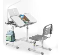 Clevich Scrivania per Bambini, Set da Scrivania Sedia per Bambini, Tavolo per Studenti Regolabile in Altezza, con Lampada da Lettura, Supporto per la Lettura (Grigio)