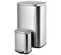 Clevich Set di 2 bidoni della spazzatura, 50 l e 5 l, in metallo con coperchio a chiusura morbida, secchio interno rimovibile, grande pattumiera da cucina e piccolo set da bagno, rettangolare -argento