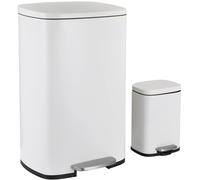 Clevich Set di 2 bidoni della spazzatura, 50 l e 5 l, in metallo con coperchio a chiusura morbida, secchio interno rimovibile, grande pattumiera da cucina e piccolo set da bagno, rettangolare (bianco)
