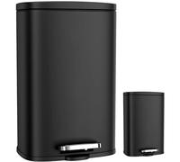 Clevich Set di 2 bidoni della spazzatura da 50 l e 5 l in metallo con coperchio a chiusura morbida, secchio interno rimovibile, grande pattumiera da cucina e piccolo set da bagno, rettangolare (nero)
