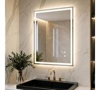 Clevich Specchio Bagno con Luce LED 70x50 cm, Specchio da Parete Rettangolare in Vetro Temperato Antiappannamento, 3 Colori di Luce e Dimmerabile con Interruttore Touch