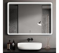 Clevich Specchio da bagno con illuminazione 70 x 50 cm, striscia luminosa COB LED super luminosa, telaio in alluminio, 3 colori di luce, dimmerabile, anti-appannamento, funzione memoria, specchio da