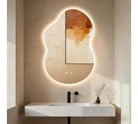 Clevich Specchio da bagno con illuminazione asimmetrica 90 × 60 cm, specchio LED con 3 colori di luce dimmerabile, vetro temperato, interruttore touch, funzione memoria, anti-appannamento, moderno