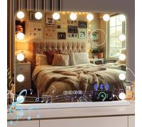 Clevich Specchio da trucco con illuminazione e Bluetooth, 58 x 46 cm, Hollywood con luce, 5 LED, dimmerabile, 3 colori di luce, USB, 10 x lente d'ingrandimento, controllo touch, specchio da parete