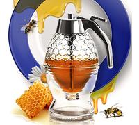 CLEVLI Dispenser per miele - Vetro antigoccia con supporto - Barattolo per miele - Contenitore per miele in vetro trasparente con cucchiaio da 226,8 g - Dispenser per sciroppo d'acero - Vaso per miele