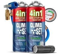 CLIMASET - 2x 4 In 1 Ricarica Gas per Climatizzatori R134a, Olio, Sigillante per Perdite con Colorante UV + Tubo Flessibile + Torcia UV - Kit di Ricarica Gas AC e Rilevamento Perdite