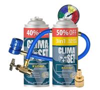 ClimaSet 3in1 R124yf Gas di ricambio per refrigerante, condizionatore d'aria per auto, refrigerante, bombola del gas, 2 x 235 g, tubo dell'aria condizionata, manometro, adattatore HP/LP- ECO