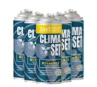 ClimaSet Gas di ricambio R134a x 4 e bombolette gas 3in1 x 1 - gas R134a, R12 e Olio e Turafalle per impianti di climatizzazione - kit ricarica clima auto - refrigerante R134a - ECO