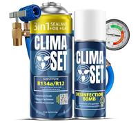 ClimaSet - Gas di ricarica per climatizzatore 3 in 1 r134a, olio, sigillante per perdite, detergente per climatizzatore e tubo flessibile - Kit Ricarica Gas AC - Ricarica Climatizzatore Auto - 170 g