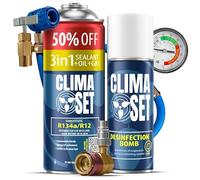 ClimaSet - Gas di ricarica per climatizzatore 3 in 1 r134a, olio, sigillante per perdite XL, detergente per climatizzatore, tubo flessibile e adattatore - Kit Ricarica Gas AC - 235 g