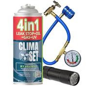 CLIMASET - KIT completo AC R134a 4in1, sostituzione del gas, per auto 1994-2016 - applicazione autonoma - Set completo - Sigillante, colorante UV, refrigerante - con cavo e lampada UV