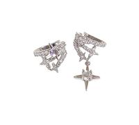 Clip asimmetrica in argento per l'orecchio, Clip a quattro stelle, Orecchini squisiti in argento, Orecchini geometrici asimmetrici, Orecchino a stella scintillante, Zinco, Nessuna pietra preziosa