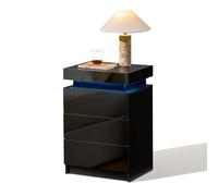 CLIPOP Comodino frontale lucido con luci a LED, striscia luminosa controllata dalla voce, 3 cassetti, comodino moderno per soggiorno, camera da letto, mobili nascosto, colore nero