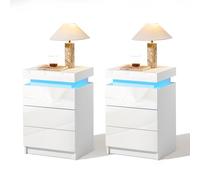 CLIPOP Set di 2 Comodini con Frontale Lucido, Cassettiera con Luci LED, Striscia Luminosa Controllata Vocalmente, 3 Cassetti, Armadio, Comodino Moderno per Soggiorno, Camera da Letto, Mobili