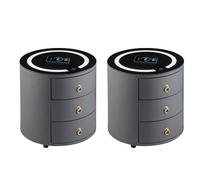 CLIPOP Set di 2 comodini rotondi con stazione di ricarica wireless e luce LED, tavolino da caffè in ecopelle con 3 cassetti e piano in vetro temperato, grigio