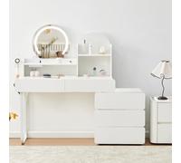 CLIPOP Tavolo da toeletta bianco con luci a LED e stazione di ricarica, tavolo da toeletta rotondo con 5 cassetti e ripiani, cassettiera mobile con 3 cassetti, tavolo da trucco moderno per donne e