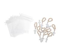 CLISPEED 10sets Battesimo con Rosari da Dito in Legno Ciondolo Crocifisso Bianco Anello per Rosario Tascabile Sacchetti Rete Bomboniere per Prima Comunione e Matrimoni Perline Religiose