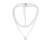 CLISPEED Collana Doppio Strato Elegante Ciondolo a Forma di Cuore e Perle in Acciaio Titanio Argento, Design Confortevole per Abbinare Diversi Outfit