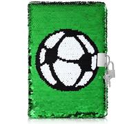 CLISPEED Diario con paillettes a tema calcistico: taccuino reversibile con motivo calcio per bambini, pagine a righe, diario per ragazze e ragazzi, regalo sportivo, segreto, serratura e