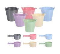 CLISPEED Set di 6 secchi in miniatura per casa delle bambole con mestoli, piccoli barili d'acqua in plastica portatili, in rosa, blu, viola, verde, grigio, strumenti per la pulizia e secchi da
