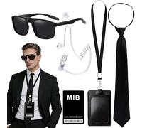 CLIUNT 6pcs Agente Costume Accessori, Servizio Segreto Costume Set, Spy Costumes Accessori, Man in Black Costumes con Occhiali Da Sole Neri Zip Tie Earpiece Id Card Holder per Carnevale