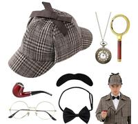 CLIUNT 7 Pezzi Accessori Per Costume Da Detective, Accessori Per Costume Da Sherlock Holmes, Cappello Detective Accessoris con Cappello da Detectives, Detectives Cosplay, per Carnevale,Halloween