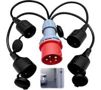CLIUNT CEE Adattatore 16A Distributore di Corrente Forte Spina CEE Adattatore 415V su 240V x4 con Coperchio Pieghevole e Spina di Protezione, IP44, per Campeggio, Camper, Cantiere e Esterno