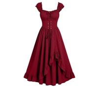 CLKLGEXEAK Abito Midi Elegante con Volant e Spalle Scoperte for Donna Corsetto con Lacci sul Davanti Vita Irregolare con Volant sull'Orlo a Trapezio Abito Linea(Red,XXL)