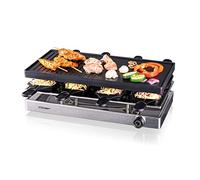 Cloer 6458 Griglia per Raclette con Piastra in Alluminio Pressofuso, 1200 W, 8 padelline con rivestimento antiaderente, spatola di plastica, piano d‘appoggio per padelline, alluminio