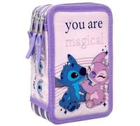 Clondo Astuccio 3 Scomparti 3D Bambini, Per Stitch e Angel Fan, Triplo Riempito, 44 Accessori Scuola Elementare Bambina, 3 Zip, 20 Centimetri