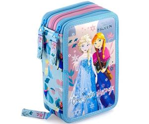 Clondo Astuccio 3 Scomparti, 45 Pezzi, Per Frozen Fan, 2 Penne Gel Cancellabili, Colla, Forbici, Pastelli 4.0, 3 Zip, Bambina, Scuola e Regalo Elsa e Anna, Celeste