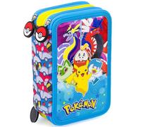 Clondo Astuccio 3 Scomparti, 45 Pezzi, Per Pokemon Fan, 2 Penne Gel Cancellabili, Colla, Forbici, Pastelli 4.0, 3 Zip, Bambini, Scuola e Regalo, Azzurro e Giallo